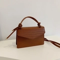 Retro crocodile pattern square handbag in caramel brown with elegant top handle and strap - Brown