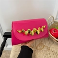 Fashionable magenta patent leather clutch with wave gold trim and chain strap - Rose Red