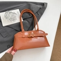 Retro caramel polished leather shoulder bag with vintage metal buckle for office look - Tan