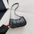 Retro black semi-moon underarm bag with geometric quilted pattern in glossy PU leather - Black