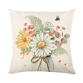 Blumenkissenhülle mit Aquarell-Gänseblümchen und Bienen-Design auf Leinentextur - Vase Blumen Serie (JYM406-4)