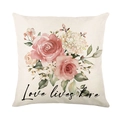 Floral throw pillow cover with pink roses and Love lives here text on linen fabric - Love Lives Here Floral Style (JYM414-1) / 18x18 Inch