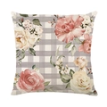 Square floral throw pillow cover with vintage pink roses and grey grid pattern on canvas - Gray Plaid Floral Style (JYM414-2) / 18x18 Inch