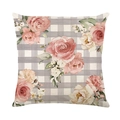 Floral and checkered decorative pillowcase with pink roses on woven polyester fabric - Vintage Rural Plaid Floral Style (JYM414-3) / 18x18 Inch