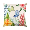 Fodera per cuscino tropicale con fiori di ibisco e foglie di palma su lino - Fiori Acquerello e Farfalla (JYM417-3)