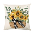 Sunflower print pillow cover with woven basket and bow on cream linen background - Flower Basket Sunflower with Checkered Bow Style (JYM427-2)