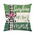 Green striped pillow cover with floral ribbon and 'Sunshine on my mind' typography - Striped Bow Artistic Text Style (JYM433-3) / Standard Square (Without Insert)