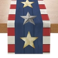 American Independence Day table runner with US flag stripes and rustic stars on a wooden table - Stars and Stripes Design (ZQ24-8)