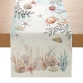 Runner da tavolo nautico con stelle marine e granchi acquerello su tessuto di lino - Vita Marina Acquerello Beige (ZQ25-1)