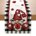Valentine's Day table runner with gnome heart design and black white plaid borders - Gnome Holding Heart Style (ZQ18-1)