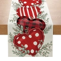 Linen texture table runner with heart patterns including dots, stripes and plaid designs - Four Hearts Combination Style (ZQ18-2)