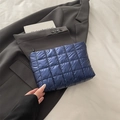 Minimalist deep blue quilted pouch with metallic finish and zipper closure for women - Blue