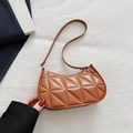 Brown quilted faux leather underarm bag with geometric stitching and crescent shape - Brown