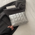 Silver quilted down cosmetic bag with minimalist square design and black zipper - Silver