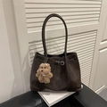 Sac cabas marron foncé en similicuir avec boucles dorées et pendentif chien en peluche - Avec Pendentif / Marron