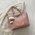 Pink tote bag with dark brown M monogram pattern and white cloud plush charm detail - With Pendant / Pink