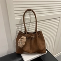 Dark brown faux leather tote bag with buckle detail and plush puppy charm - Brown (With Pendant)