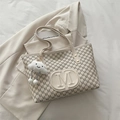 Chic beige tote bag with M-pattern print, embossed logo and plush cloud charm - With Pendant / White