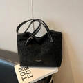 Borsa tote retrò in pelle scamosciata nera con cuciture bianche e grande capienza - Senza Ciondolo / Nero