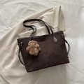 Deep coffee oversized suede tote bag with smooth leather straps and plush bear charm - Coffee (With Pendant)