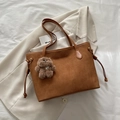 Brown suede tote bag with shoulder strap and plush bear charm on white blazer - Brown (With Pendant)