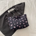 Fashionable black tote bag featuring pink rose and bow prints with a silver chain strap - No Pendant / Black