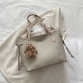 Beige suede tote bag with drawstring detail and a brown plush bear charm - Khaki (With Charm)