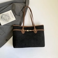 Retro schwarze Wildleder-Einkaufstasche mit braunen Henkeln und Goldschnalle - Schwarz