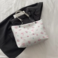 Floral print bucket tote with pink bows and silver chain strap in white color finish - No Pendant / White