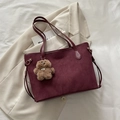 Burgundy faux suede tote bag with plush bear charm and thin leather shoulder straps - Red (With Charm)