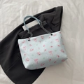 Floral print light blue shoulder tote bag with pink rose patterns and chain strap - No Pendant / Blue