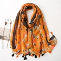 Artistic orange cotton linen scarf with abstract print and fringe tassels on white background - Vibrant Orange Abstract Print (SL2013-002)