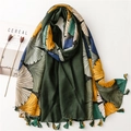 Retro dark green scarf with ginkgo leaf print and fringe on a minimalist background - 180*90CM / Green (SL2101-005)