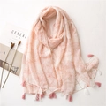Pink cotton linen scarf with orange ginkgo leaf prints and tassel edges for women - 180cm x 90cm / Light Pink Ginkgo Leaf Print with Gold Thread Tassels (SL2013-012)