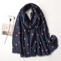 Bohemian navy blue cotton linen scarf with red floral prints and frayed edges on white background - 190*90cm / Navy Blue