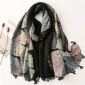 Cotton linen feel scarf with retro ginkgo print and tassels on white background - 180*90CM / Black Grey (SL2101-005)
