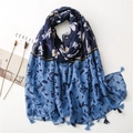 Dames sjaal van katoen en linnen met bloemenprint en franjes in blauw - Marine- en Lichtblauw Bloemenstijl (SL2104-005)
