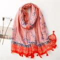 Bohemian floral cotton linen scarf with tassels and geometric patterns in coral and blue - Bohemian Print (SL2104-003)