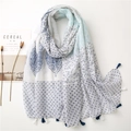 Floral print cotton linen scarf with blue bohemian patterns and fringe tassels - Ethnic Print With Tassels (SL2104-008)