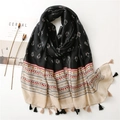 Ethnic style black and beige contrast beach scarf with tassels and leaf patterns - Ethnic Leaf Geometric Contrast Style (SL2104-033)