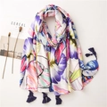 Lightweight cotton linen scarf with colorful leaf print and blue tassels for sun protection - 180*90CM / Pink and Purple Tone (SL2007-036)