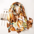 Bohemian linen scarf with colorful leaf patterns and tassels for sun protection - 180*90CM / Blue and Brown Tone (SL2007-036)