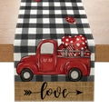 Valentine's Day table runner with red truck, hearts and black white plaid patterns - Red Retro Truck Heart Style (ZQ18-3)
