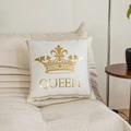 Funda de cojín de felpa blanca con corona dorada y letras Queen bordadas - Estilo Queen Blanco