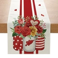 Runner da tavolo di San Valentino con stampa floreale rossa su tessuto rustico - 33cmx180cm / Stile Barattolo di Fiori Tricolore Cuore (ZQ18-6)