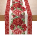 Runner da tavola floreale con rose rosse in misto cotone-lino e ampi bordi rossi decorativi - 33cmx180cm / Stile Pastorale Floreale Rosa Rossa (ZQ18-7)