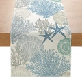 Runner da tavolo in poliestere con coralli blu, conchiglie e stelle marine su legno - Corallo Stella Marina Serie Blu (ZQ25-3)