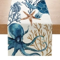 Nautical theme table runner with blue octopus and seahorse prints on cream fabric - Dark Blue Octopus Turtle (ZQ25-5)