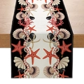 Polyester table runner featuring red starfish and seashell prints on wood surface - Black White Red Starfish (ZQ25-6)