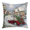 Vintage Christmas pillow cover featuring a red car and snowy village on linen fabric - 45x45cm / Vintage Red Car with Christmas Tree (JYM482-8)